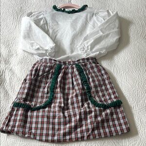 Mint Magnolia Holiday Plaid Cotton Skirt Set with DarkGreen Velvet Trim, Size 12